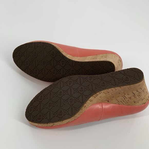 $225 Sebago Chiffon Leather Cork Wedge Peep Toe Sandals 7.5 Womens Salmon Pink - Picture 8 of 8